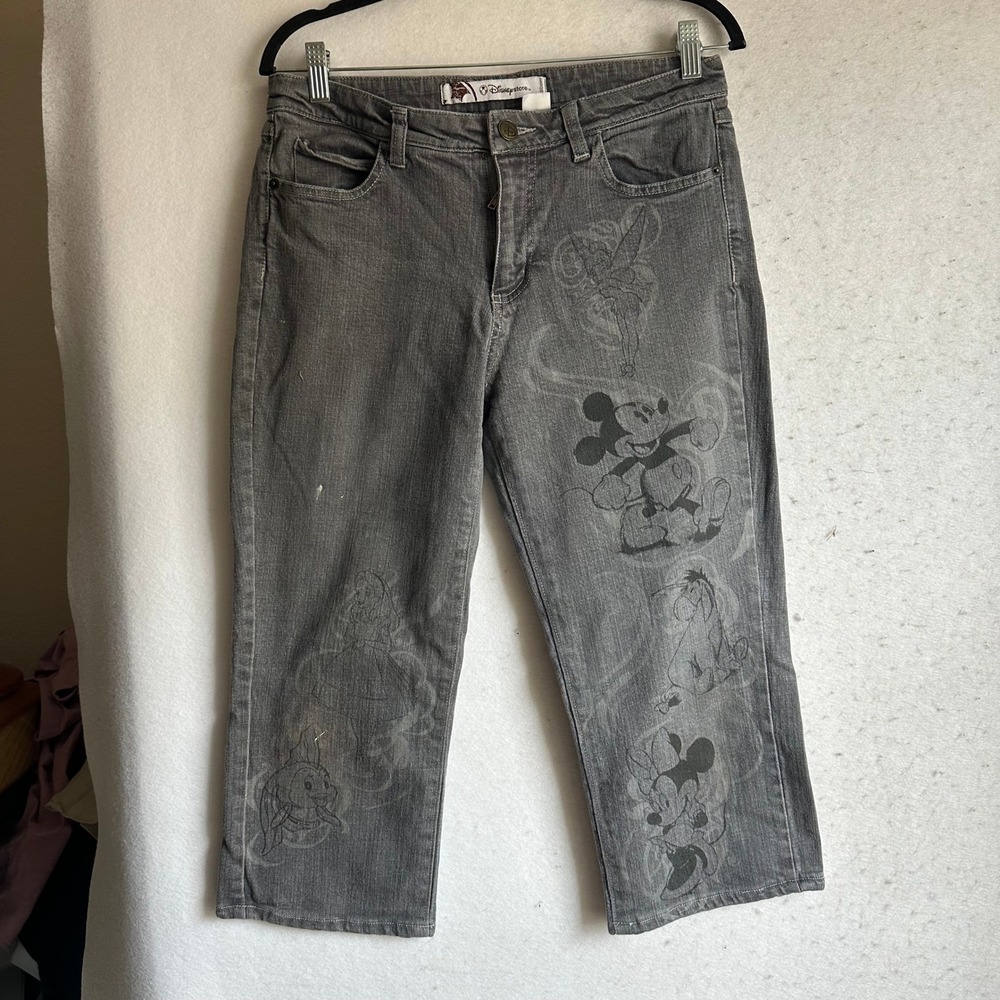 Disney Store Grey Character Print Cropped Jeans Mickey Alice Eeyore Size 10
